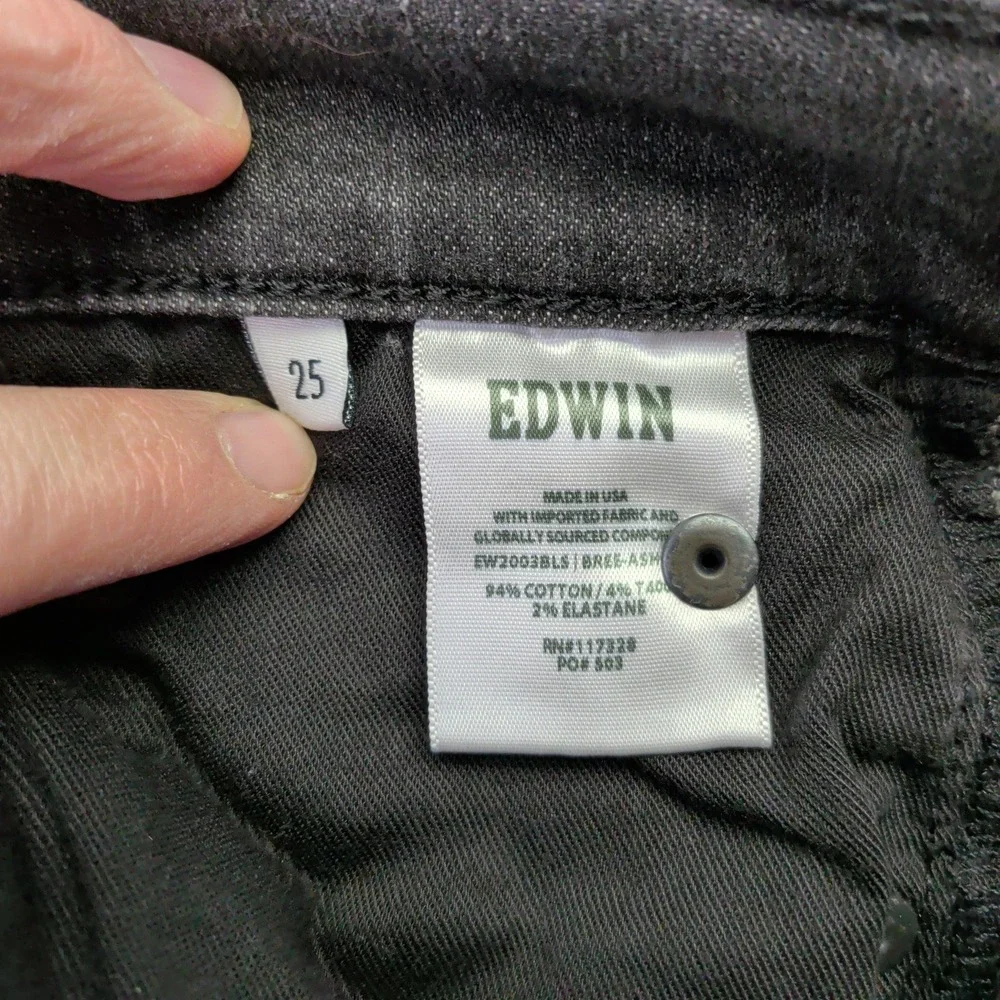 Edwin Bree Slim Straight Jeans Womens 25‎ Ash Black Faded Raw Hem Made in USA